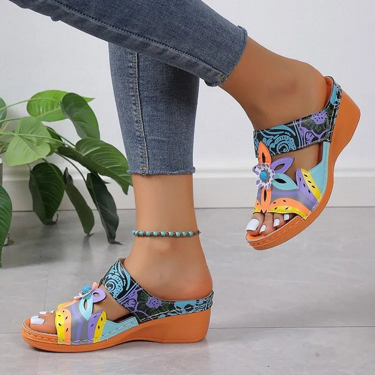 Women's colourful leather sandals with ethnic totem design in black, available in sizes 35 to 43.