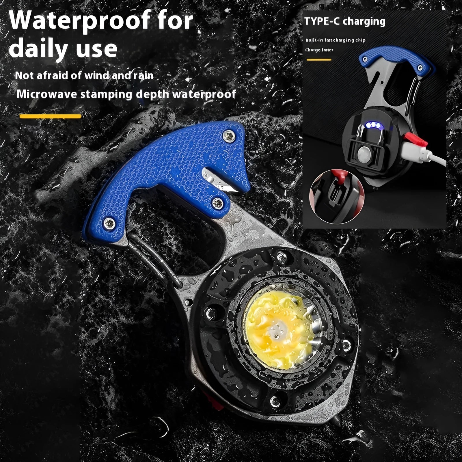 Multifunctional portable keychain light with window breaker and screwdriver, showing charging port and smart display.