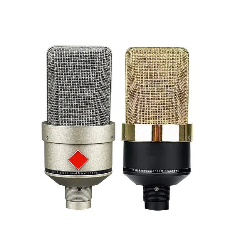 Champagne gold wired condenser microphone with stand on a table.