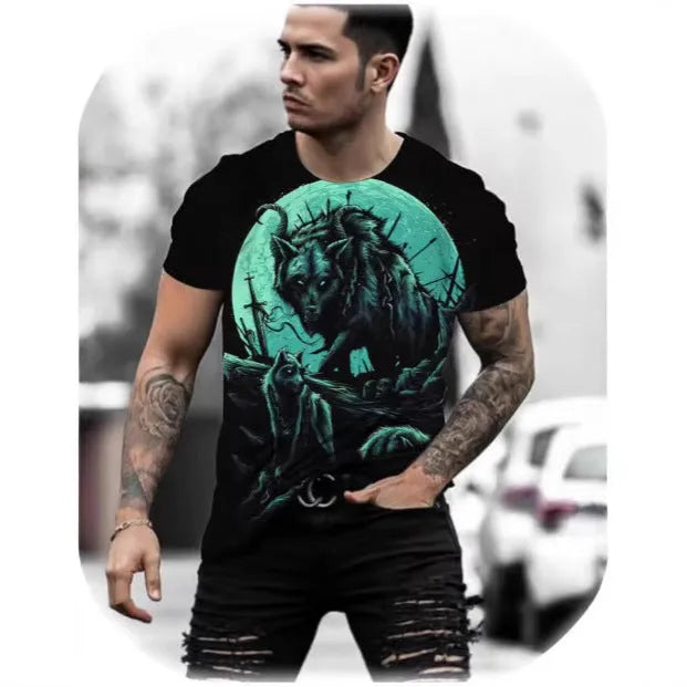 Retro 3D animal print on a men's short-sleeved light blue polyester t-shirt laid flat.