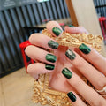 Emerald green plastic fake nail patches with flashing diamond finish 24 pieces