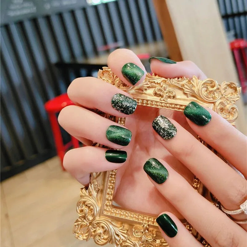 Emerald green plastic fake nail patches with flashing diamond finish 24 pieces