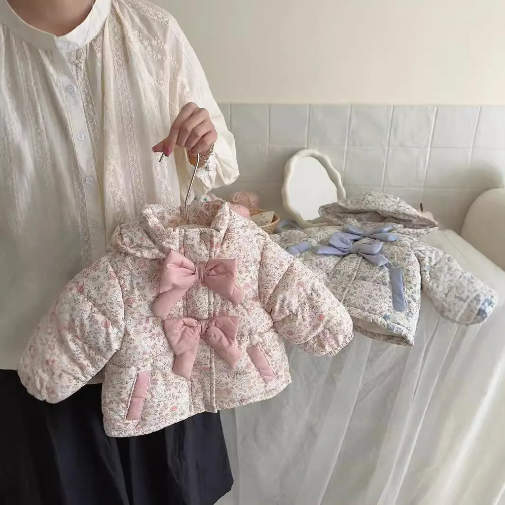 Baby girl floral print hooded winter jacket with bow in blue and white porcelain blue colour