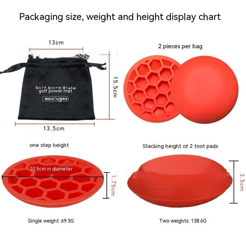 Orange golf strength training mat with centre of gravity pad for swing practice