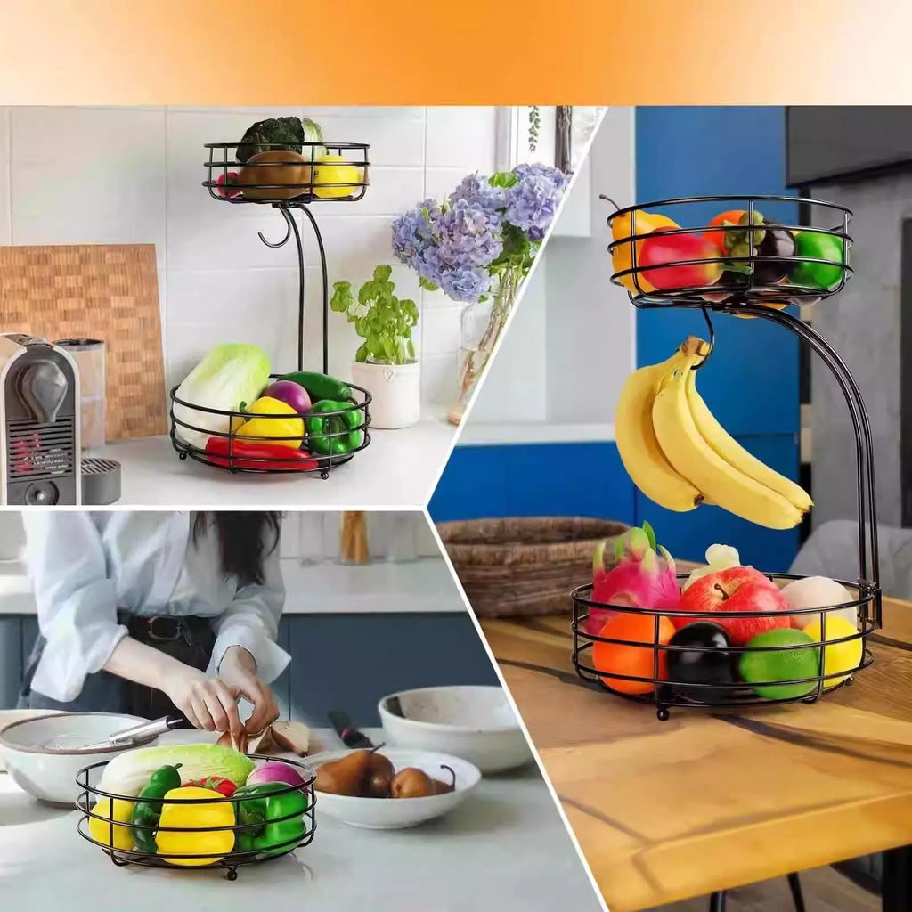 Black and gold double-layer wrought iron fruit and vegetable storage basket