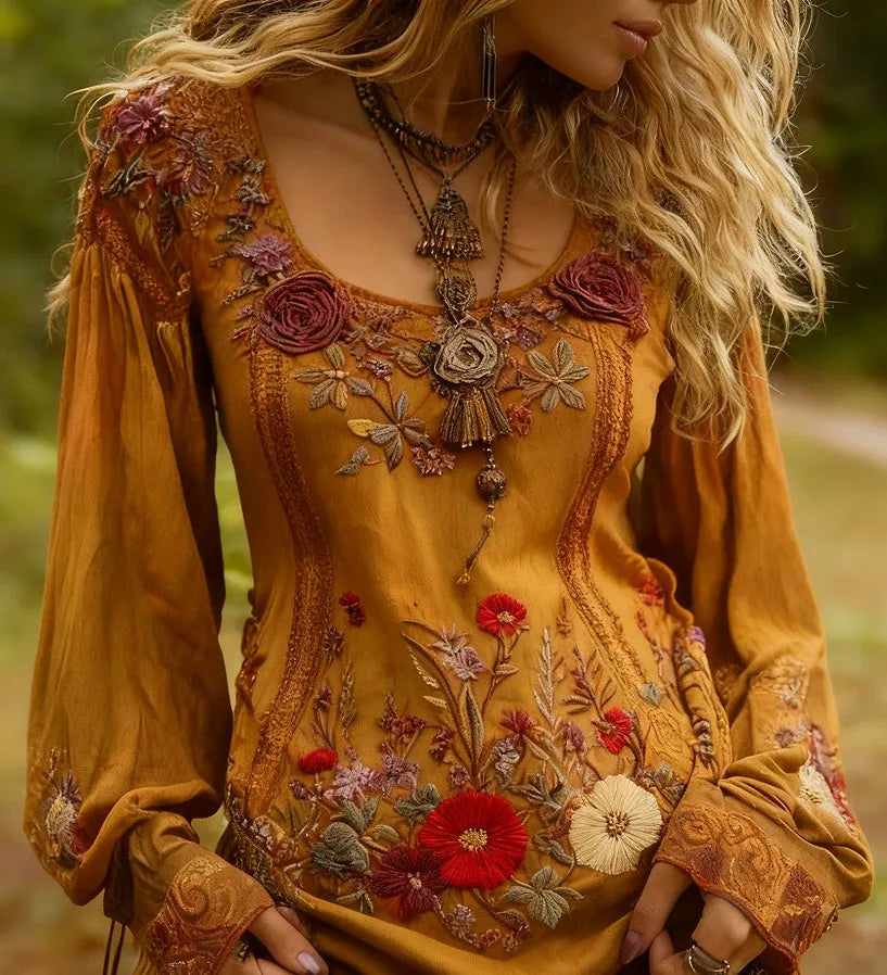 Grass and flower embroidered linen shirt in one of ten style options with floral detailing on breathable linen fabric