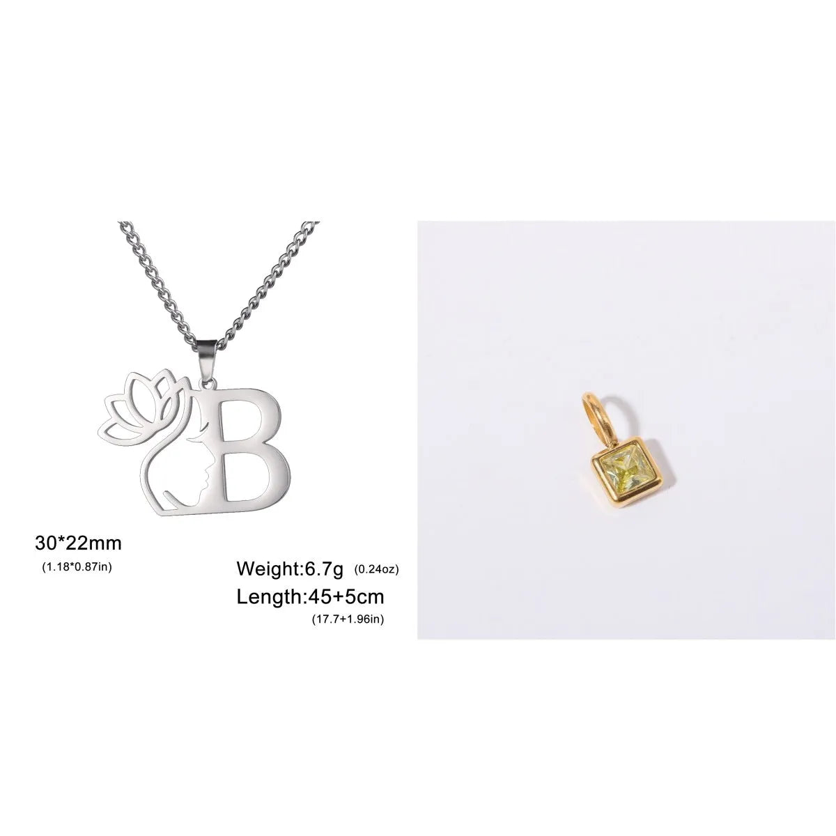 Stainless steel necklace with cross chain design and initial pendant in gold or silver finish