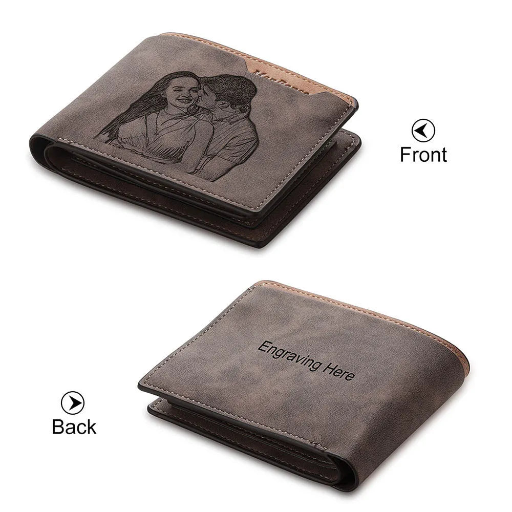 Coffee coloured engraved horizontal short wallet measuring 120x99mm with custom text or photo personalisation