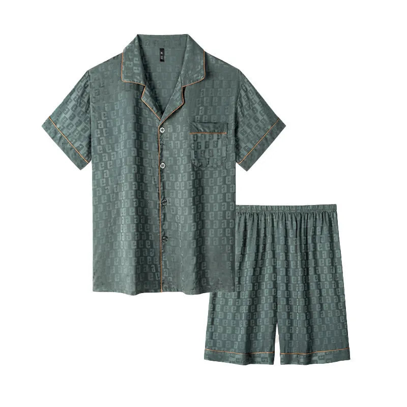 Men's ice silk cardigan and shorts pyjama set with satin jacquard pattern options