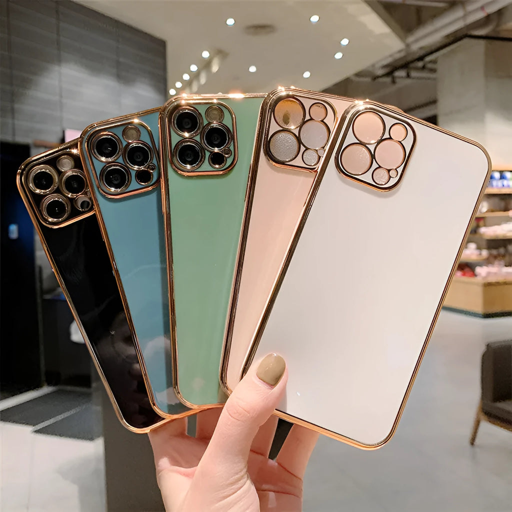 Luxury solid colour electroplating mobile phone case for iPhone 13 series in TPU with metal accents.