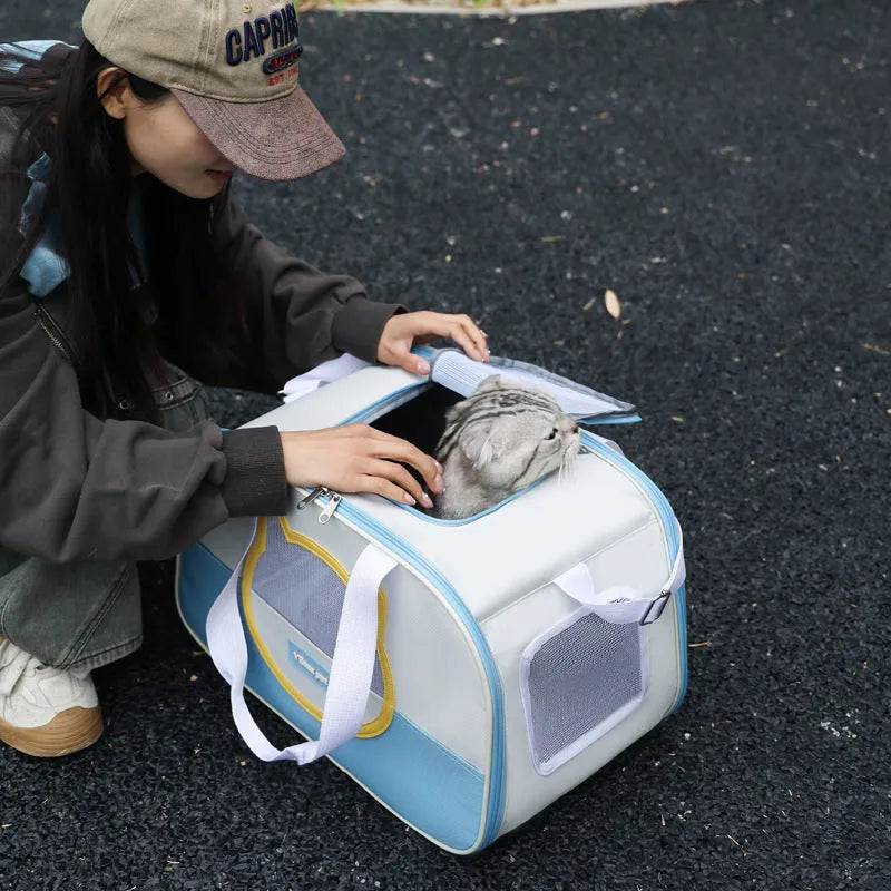 Foldable cat school backpack in Oxford cloth with contrast colour pattern and breathable design