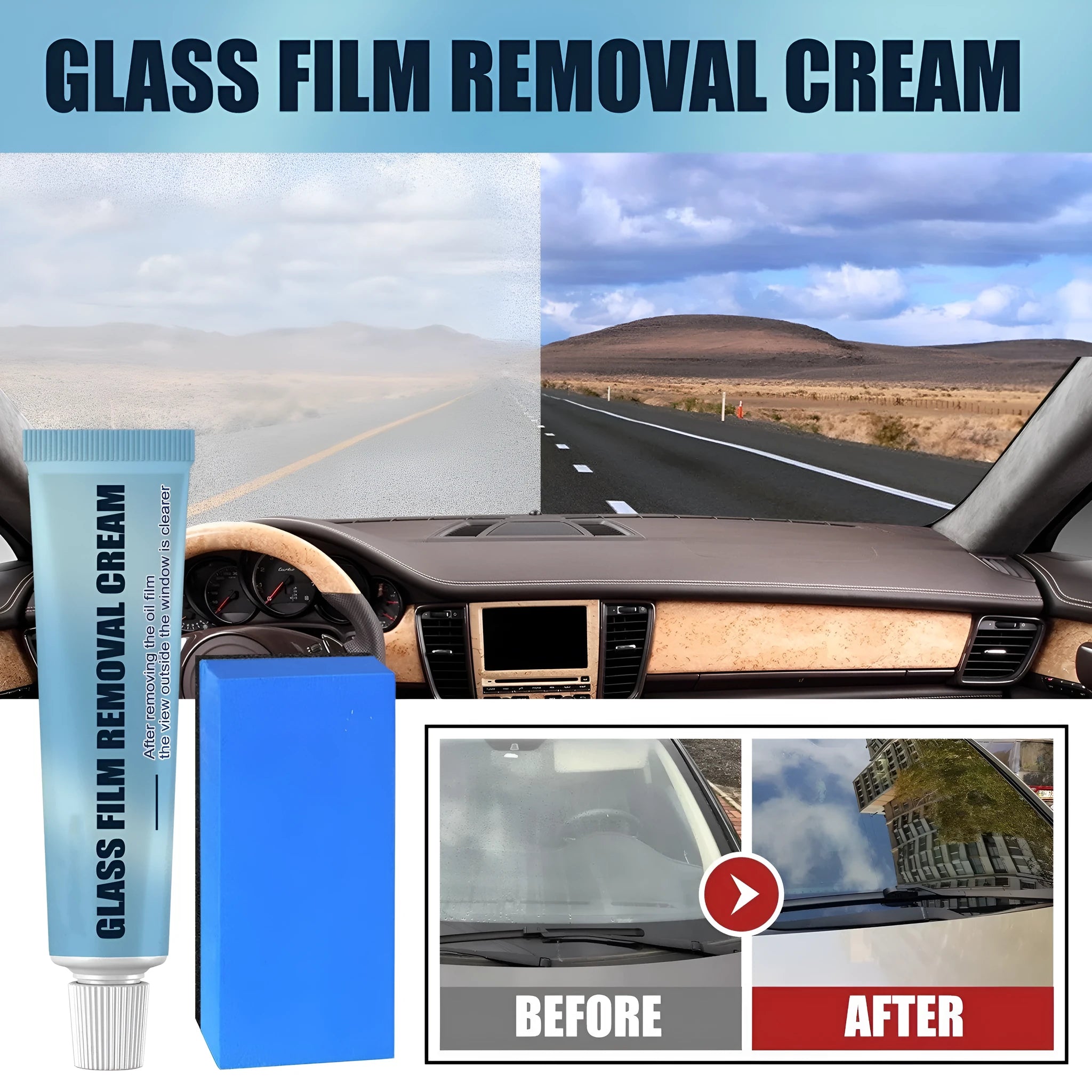 Blue car glass oil film remover paste and soft sponge applicator for windscreen cleaning