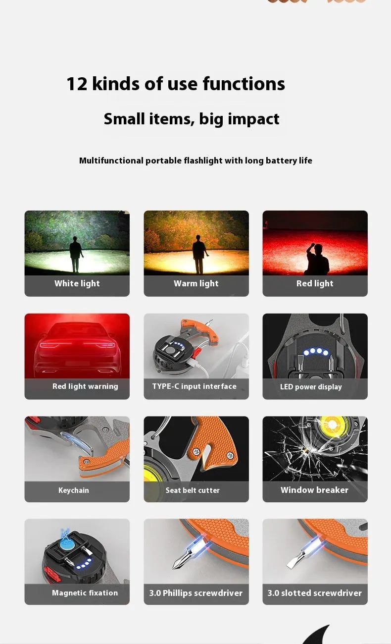 Multifunctional portable keychain light with window breaker and screwdriver, showing charging port and smart display.