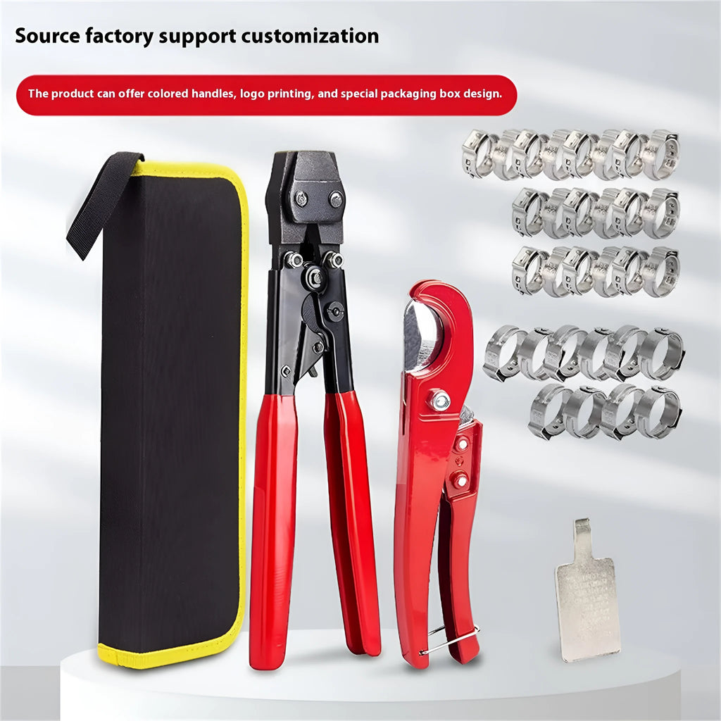Red cloth covered single ear metal PEX hose clamp with bolt.