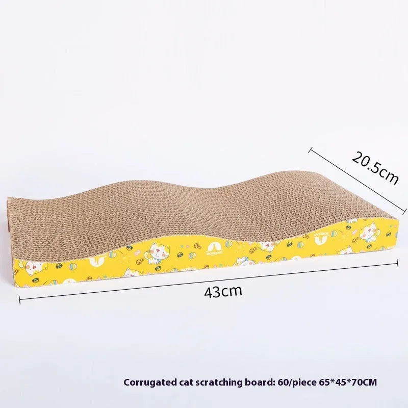 Wall-mounted cat scratch board in decorative shape made from corrugated paper with leather hanging tab