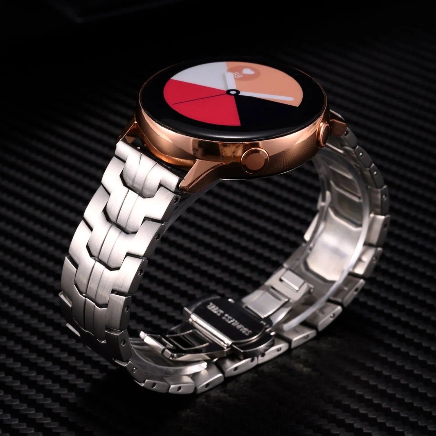 Stainless steel watch band for Samsung Galaxy Watch showing silver and black colour options with universal lug connectors