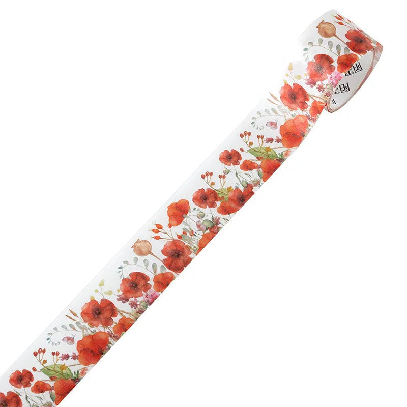 Roll of vintage floral watercolour decorative paper tape with Japanese paper base, showing 2m length.