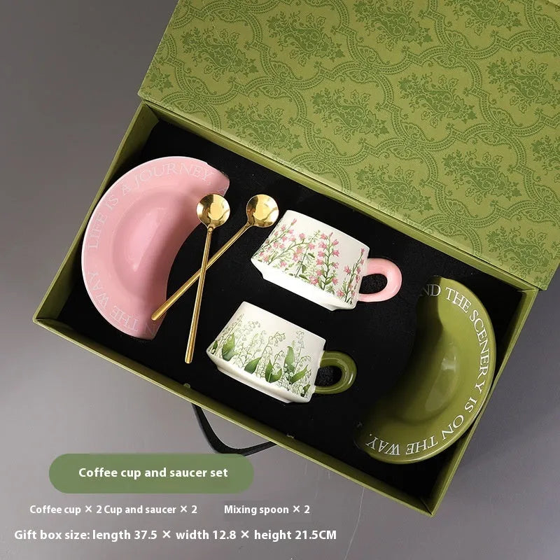 Ceramic coffee cup and saucer set with stirring spoons in campanula or lanling grass designs