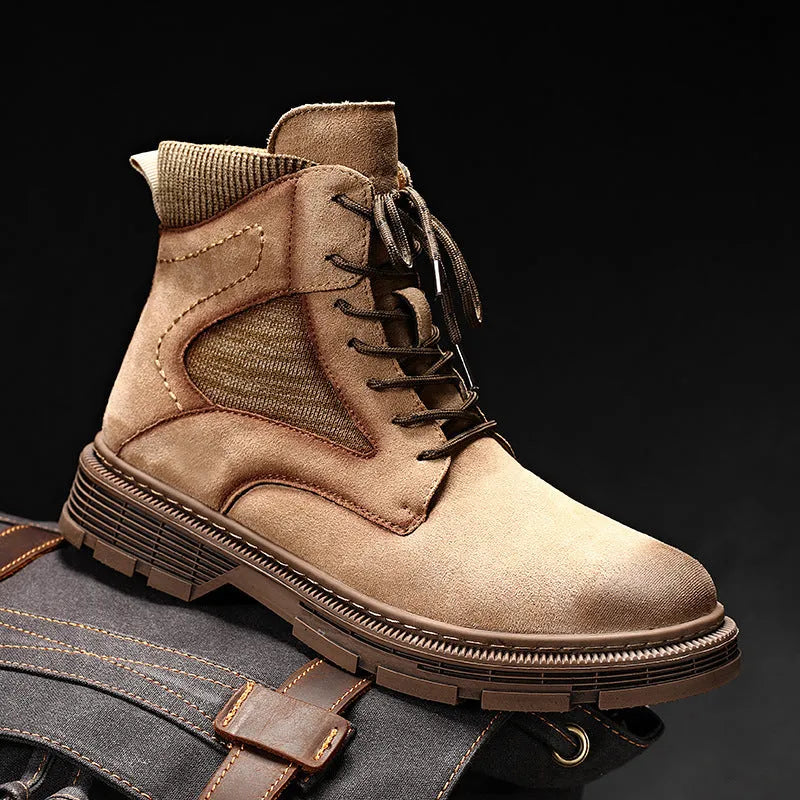 Men's vintage Martin boots in black with a frosted microfiber leather upper and thick rubber sole.