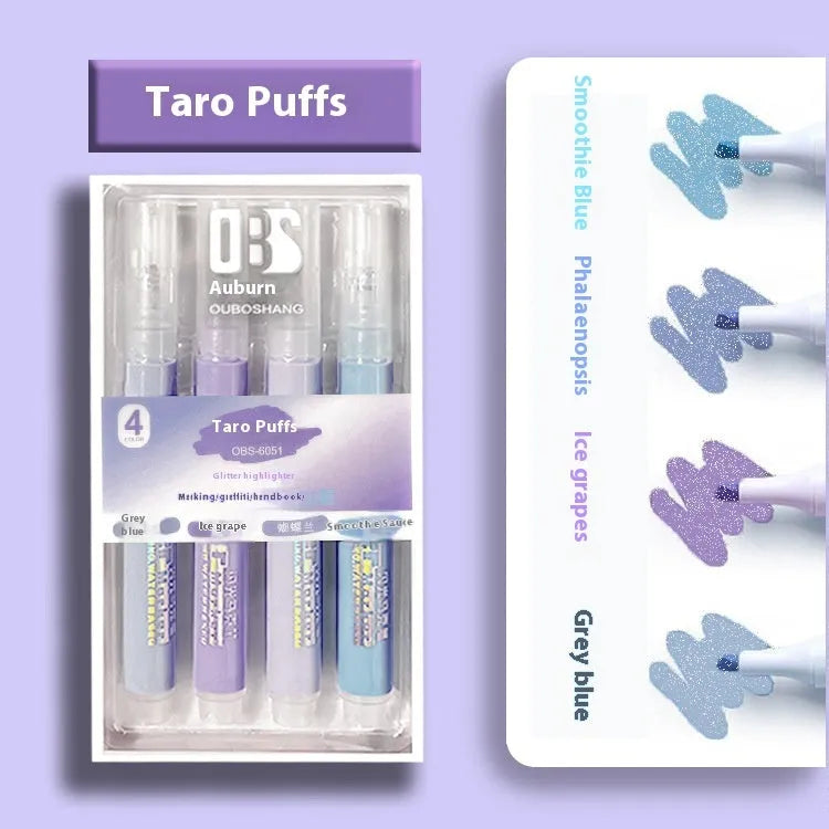 Sparkling Star River set of four glitter highlighter pens in assorted pastel colours with slanted tips.