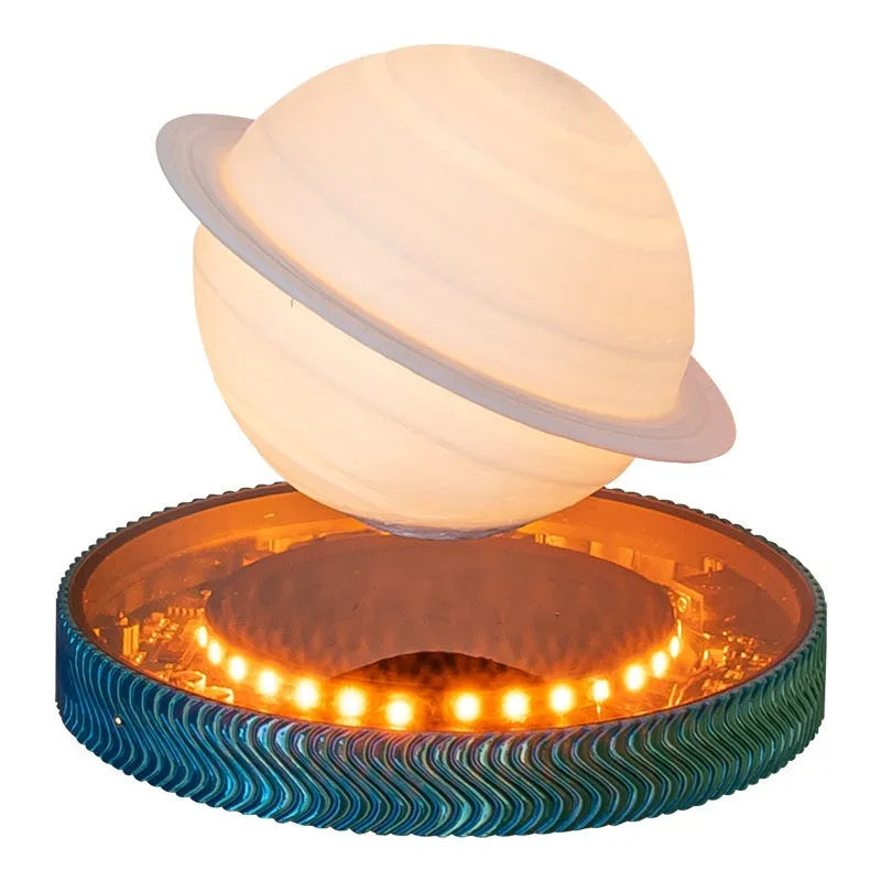 Small white magnetic suspension moon lamp floating above its base as a night light.