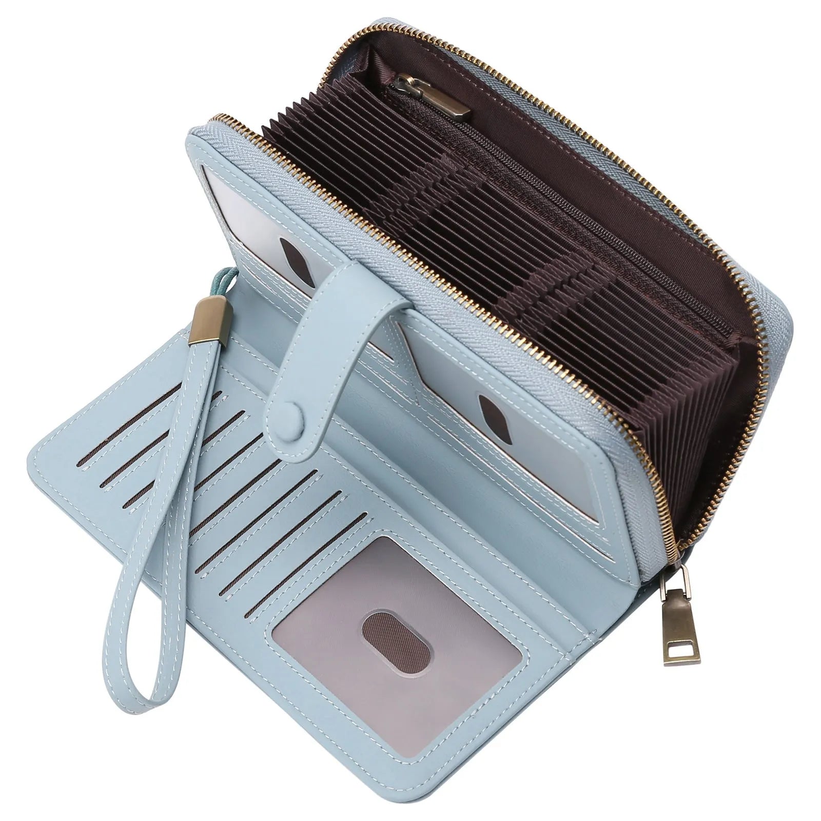 Women's expanding long wallet in denim blue showing card slots and passport pocket with anti-theft swiping feature