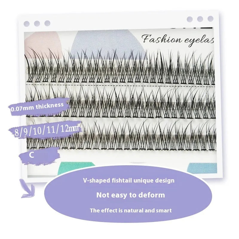Black V-shaped fairy fishtail false eyelashes showing thick segment design and multiple length options.