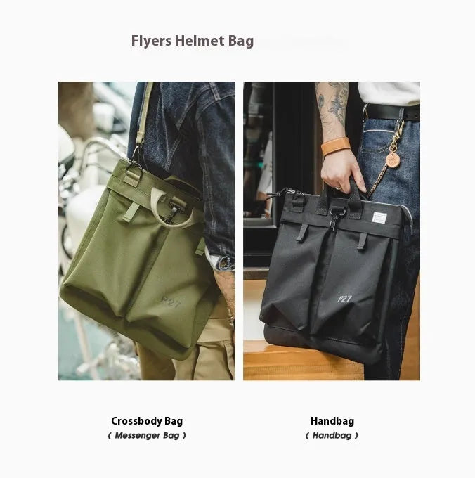 Marden Tooling military green canvas messenger bag with crossbody strap on a table