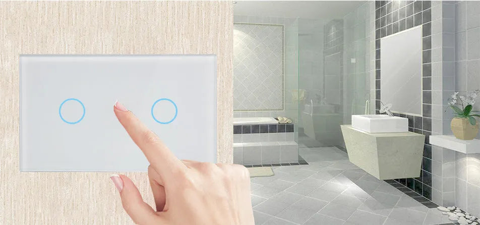 White tempered glass RF touch light switch with 2-gang controls and LED indicators