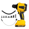 Yellow handheld cordless dust blower and inflator gun with nozzle, powered by an 18V lithium-ion battery.