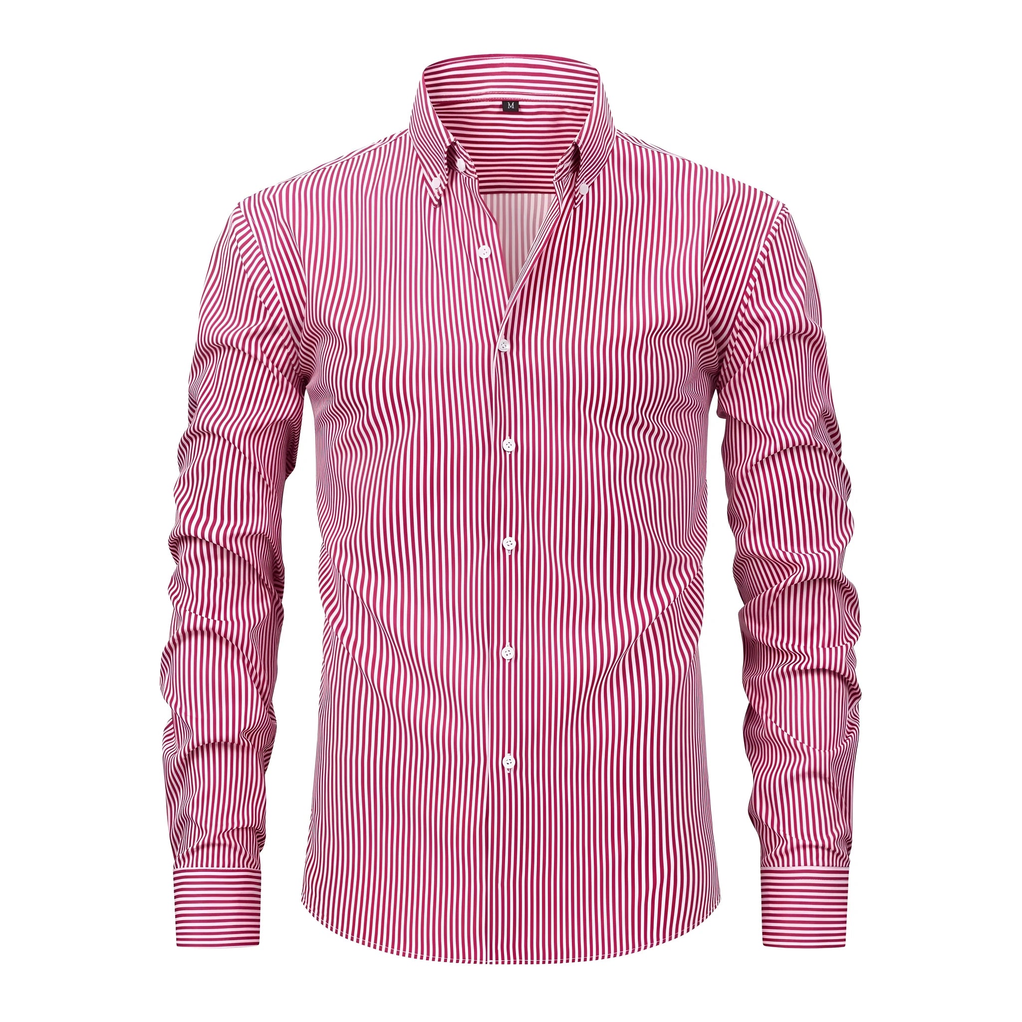 A man wearing a striped long-sleeved business casual shirt with a lapel collar.