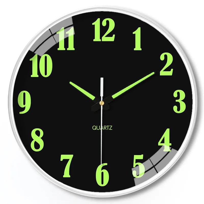 8 inch round luminous wall clock with modern plastic shell on a wall
