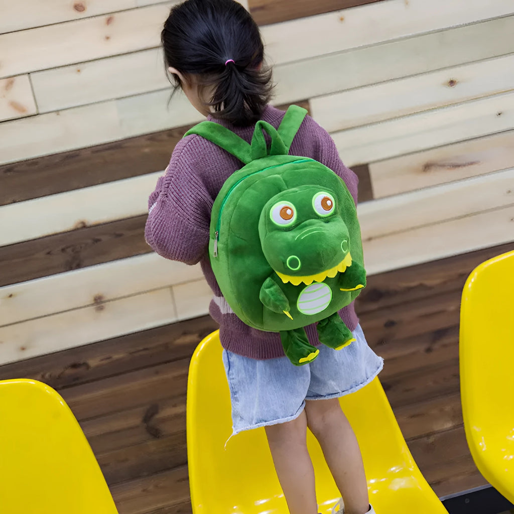 Soft plush dinosaur backpack for children with embroidery design in blue colour option