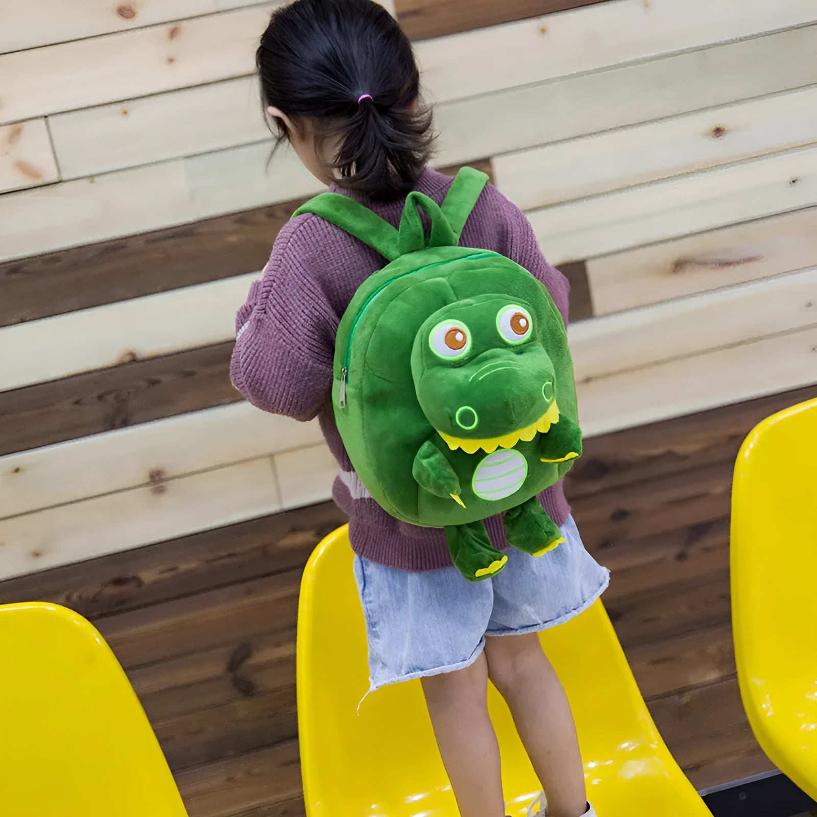 Soft plush dinosaur backpack for children with embroidery design in blue colour option