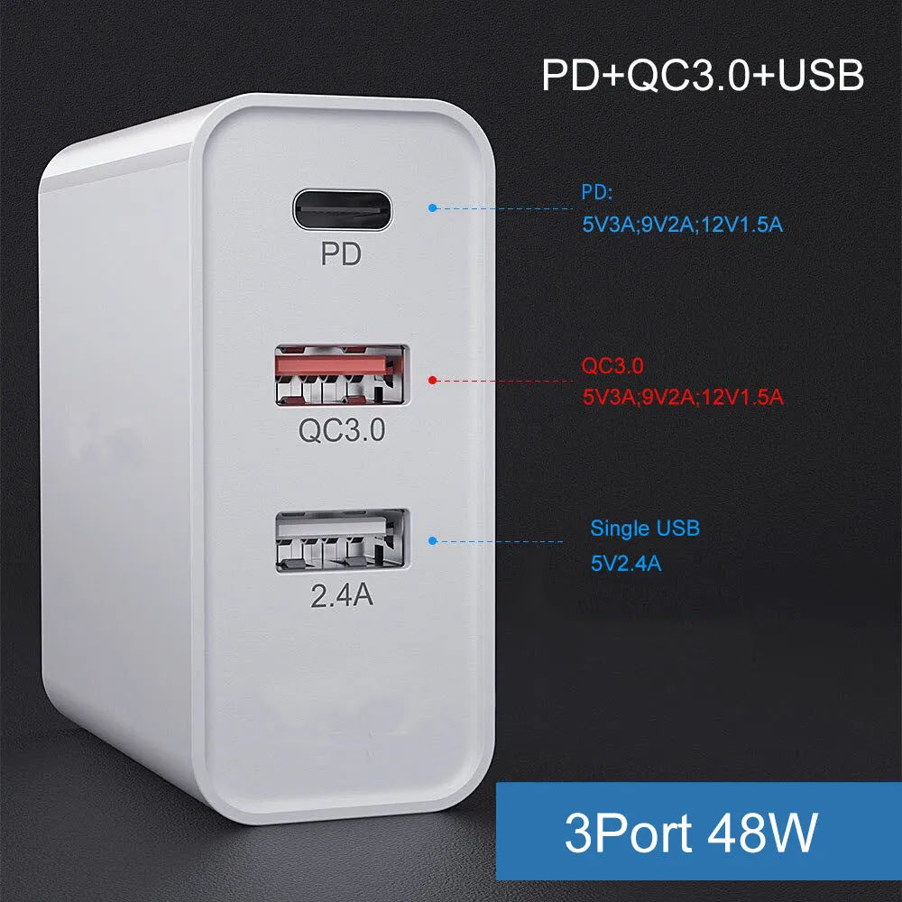 White fast charge mobile phone charger with multiple USB ports showing UK plug