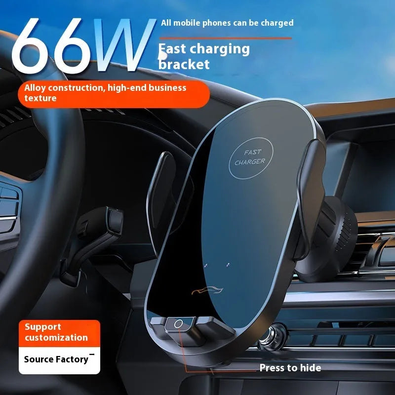 66W fast charging wireless car phone holder with electroplated finish, black, mounted on air vent with hook