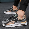 Men's grey and black mesh running shoes with a round toe and lightweight EVA sole on a white background.