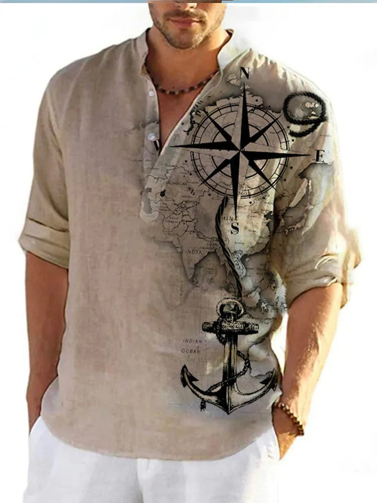 Thin casual digital bamboo linen Hawaiian long sleeve shirt with striped pattern in cardigan style