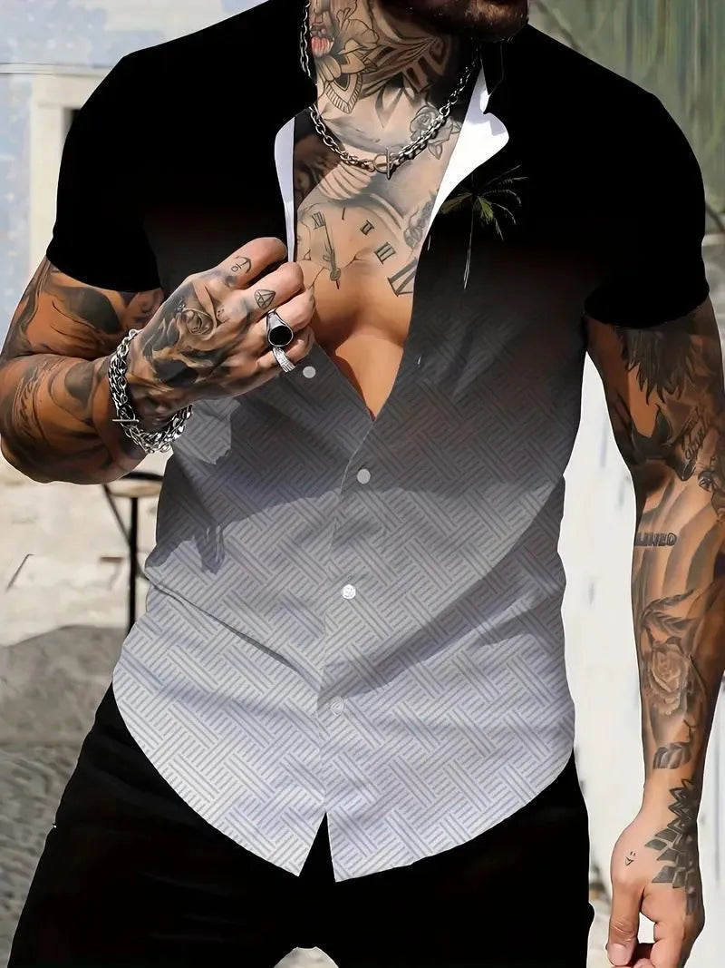 Men's slim fit short sleeve shirt with geometric line printing on lapel in polyester fabric