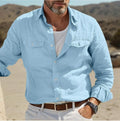 Men's loose-fit long-sleeved cotton linen shirt in solid green, blue, khaki, or white