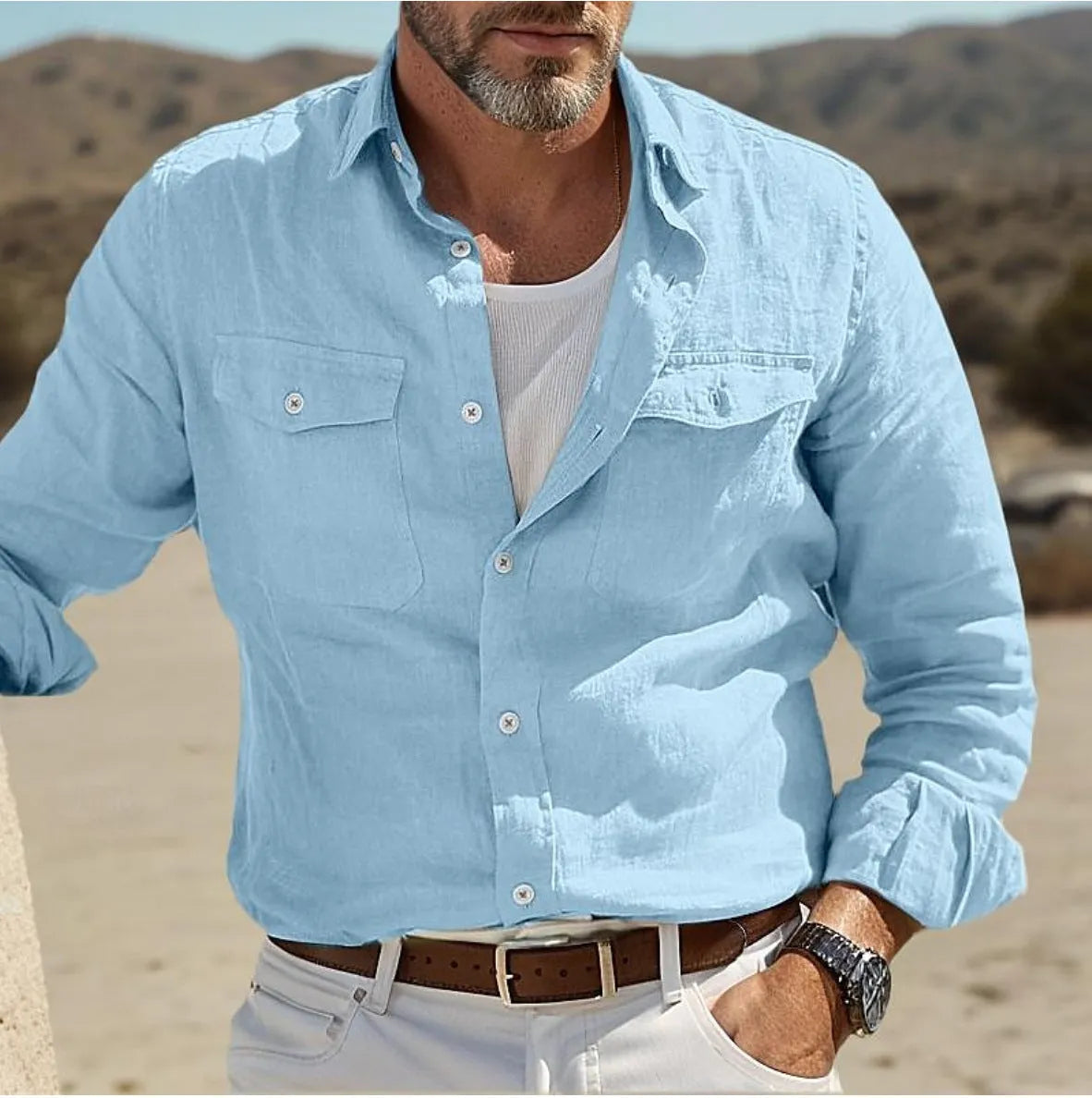 Men's loose-fit long-sleeved cotton linen shirt in solid green, blue, khaki, or white