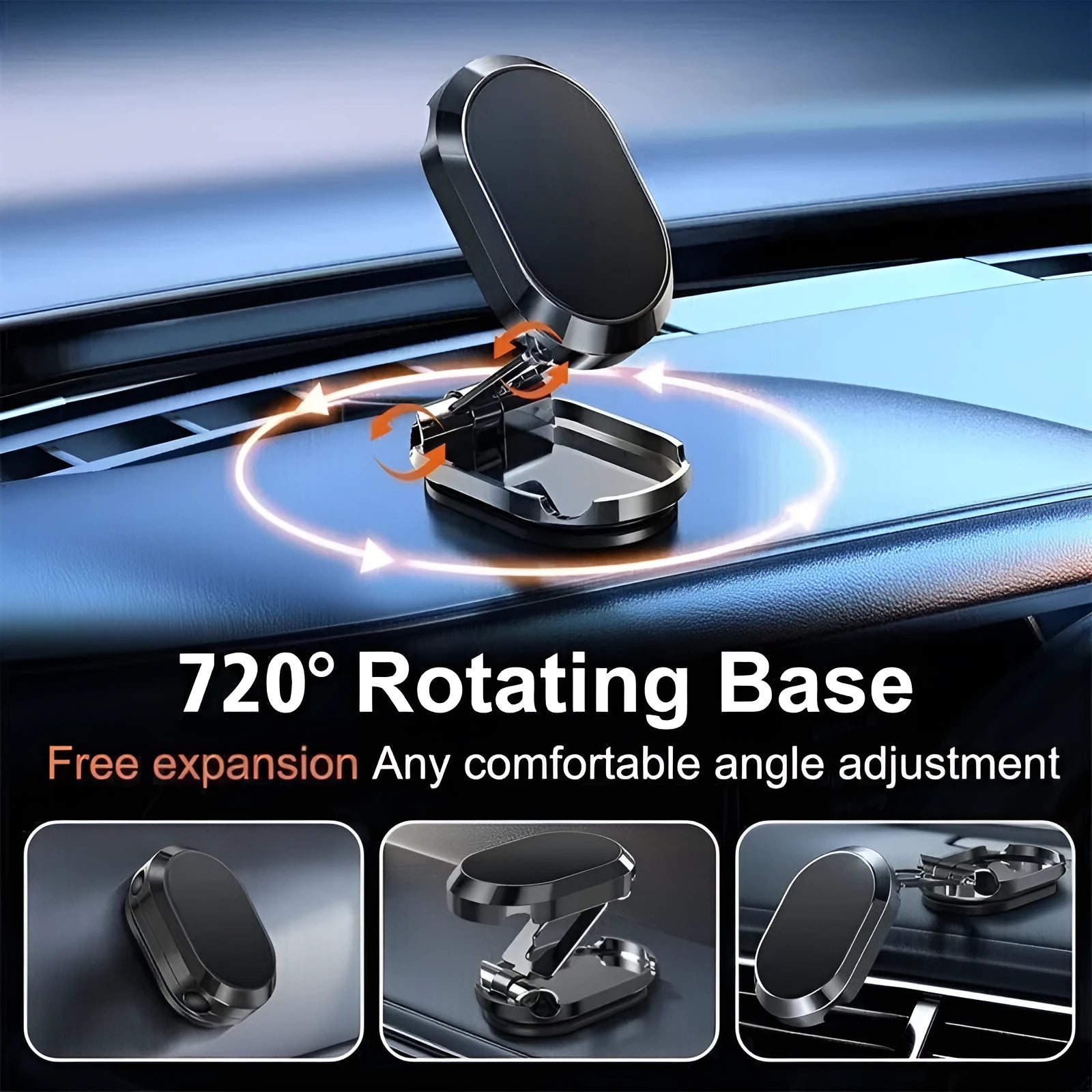 Chrome folding magnetic car phone holder mounted on a dashboard, shown in both extended and compact folded positions.