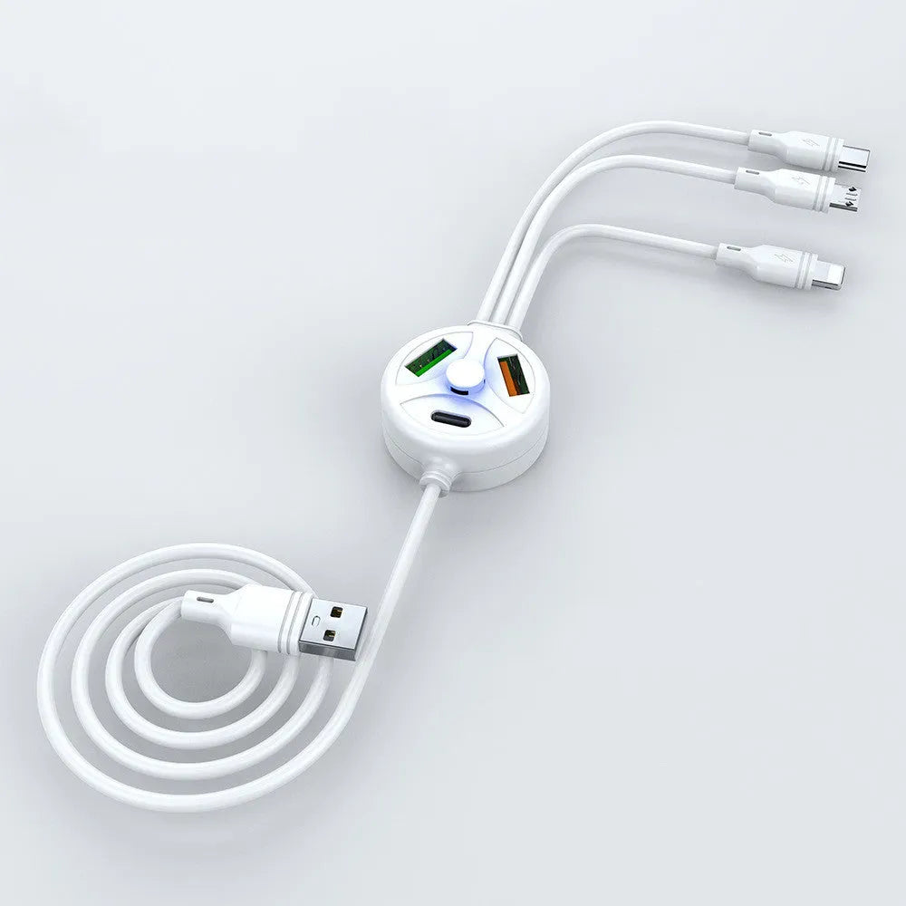 White PD fast charge cable with Type-C, Micro USB and Mini USB connectors on 1.2m PVC cable
