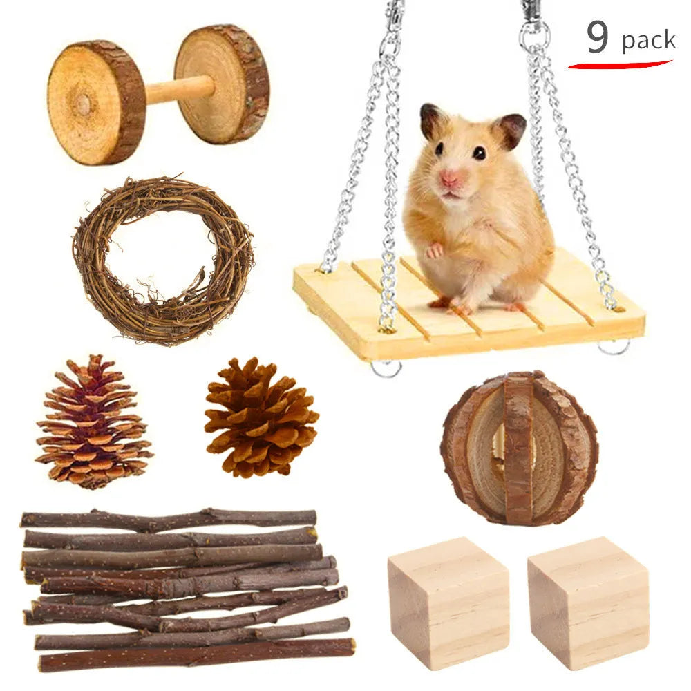 Natural wooden chewing toy set for small animals including straw mats, woven balls and plant-based components