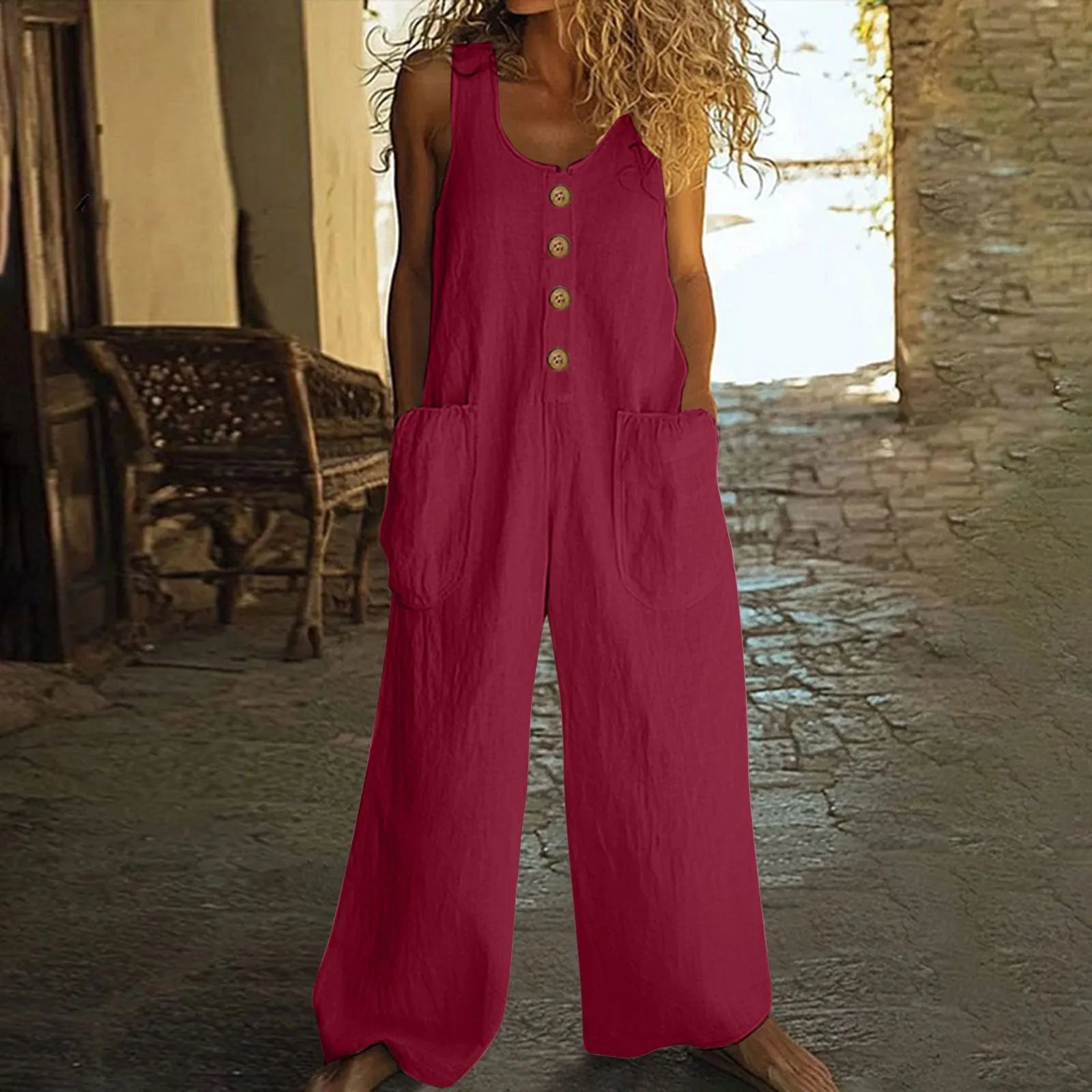 Sleeveless wide leg cotton jumpsuit in army green with pockets and loose fit