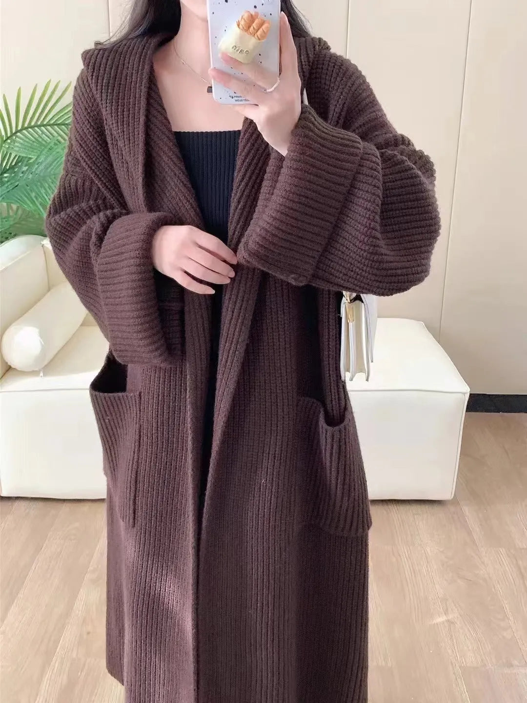 Women's loose hooded cardigan coat with raglan sleeves in acrylic fabric