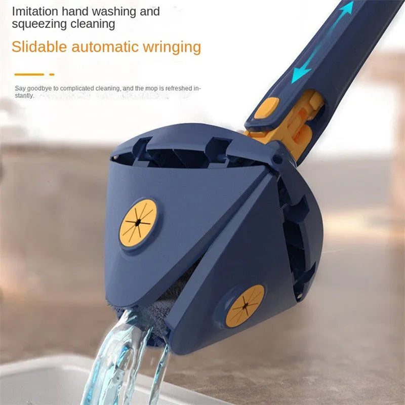 Extendable blue triangle mop with rotating head and long stainless steel pole for cleaning floors and walls.