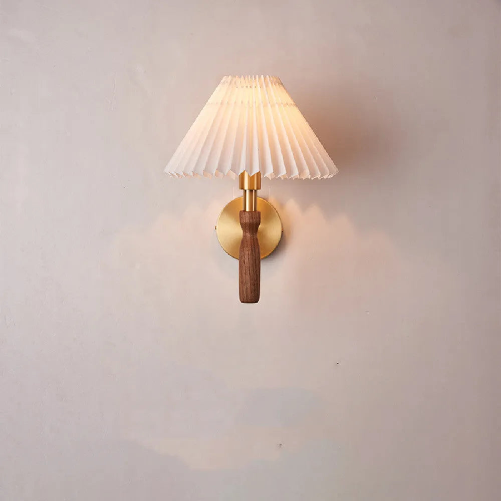 American retro style wall lamp with fabric shade and wooden frame in bedside setting