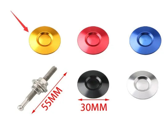30mm diameter mini engine cover lock in five colours: black, blue, gold, red, and silver, with a 55mm screw.