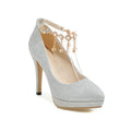 Women's blue platform stiletto heel with special fabric upper on a white background.